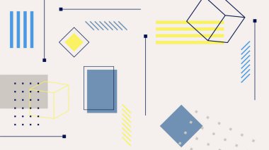 Soyut renkli Memphis düz geometrik şekiller arka plan. Çizgiler kare nokta üçgen daire ve dalgalı düz stil ile soyut kompozisyon. Poster, sunum, kart, kapak, afiş için tasarım.