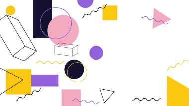 Soyut renkli Memphis düz geometrik şekiller arka plan. Çizgiler kare nokta üçgen daire ve dalgalı düz stil ile soyut kompozisyon. Poster, sunum, kart, kapak, afiş için tasarım.