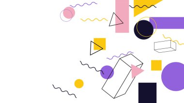 Soyut renkli Memphis düz geometrik şekiller arka plan. Çizgiler kare nokta üçgen daire ve dalgalı düz stil ile soyut kompozisyon. Poster, sunum, kart, kapak, afiş için tasarım.