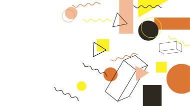 Soyut renkli Memphis düz geometrik şekiller arka plan. Çizgiler kare nokta üçgen daire ve dalgalı düz stil ile soyut kompozisyon. Poster, sunum, kart, kapak, afiş için tasarım.