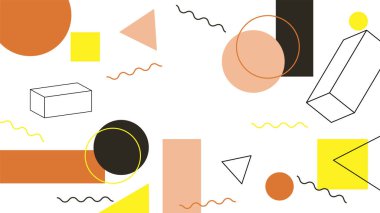 Soyut renkli Memphis düz geometrik şekiller arka plan. Çizgiler kare nokta üçgen daire ve dalgalı düz stil ile soyut kompozisyon. Poster, sunum, kart, kapak, afiş için tasarım.