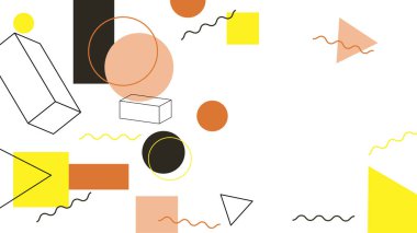 Soyut renkli Memphis düz geometrik şekiller arka plan. Çizgiler kare nokta üçgen daire ve dalgalı düz stil ile soyut kompozisyon. Poster, sunum, kart, kapak, afiş için tasarım.