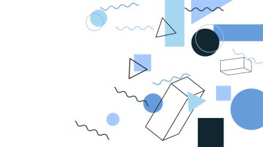 Soyut mavi Memphis düz geometrik şekiller arka plan. Çizgiler kare nokta üçgen daire ve dalgalı düz stil ile soyut kompozisyon. Poster, sunum, kart, kapak, afiş için tasarım.