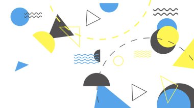 Soyut renkli Memphis düz geometrik şekiller arka plan. Çizgiler kare nokta üçgen daire ve dalgalı düz stil ile soyut kompozisyon. Poster, sunum, kart, kapak, afiş için tasarım.