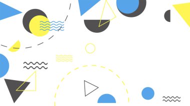 Soyut renkli Memphis düz geometrik şekiller arka plan. Çizgiler kare nokta üçgen daire ve dalgalı düz stil ile soyut kompozisyon. Poster, sunum, kart, kapak, afiş için tasarım.