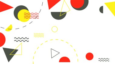 Soyut renkli Memphis düz geometrik şekiller arka plan. Çizgiler kare nokta üçgen daire ve dalgalı düz stil ile soyut kompozisyon. Poster, sunum, kart, kapak, afiş için tasarım.