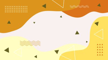 Soyut renkli turuncu Memphis düz geometrik şekiller arka plan. Çizgiler kare nokta üçgen daire ve dalgalı düz stil ile soyut kompozisyon. Poster, sunum, kart, kapak, afiş için tasarım.