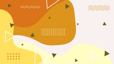 Soyut renkli turuncu Memphis düz geometrik şekiller arka plan. Çizgiler kare nokta üçgen daire ve dalgalı düz stil ile soyut kompozisyon. Poster, sunum, kart, kapak, afiş için tasarım.