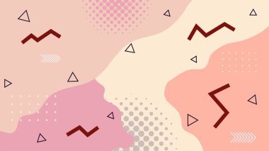 Soyut renkli Memphis düz geometrik şekiller arka plan. Çizgiler kare nokta üçgen daire ve dalgalı düz stil ile soyut kompozisyon. Poster, sunum, kart, kapak, afiş için tasarım.