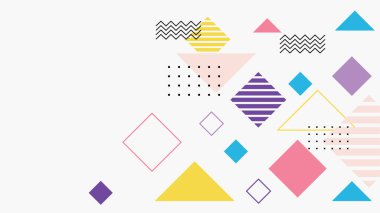 Soyut renkli Memphis düz geometrik şekiller arka plan. Çizgiler kare nokta üçgen daire ve dalgalı düz stil ile soyut kompozisyon. Poster, sunum, kart, kapak, afiş için tasarım.