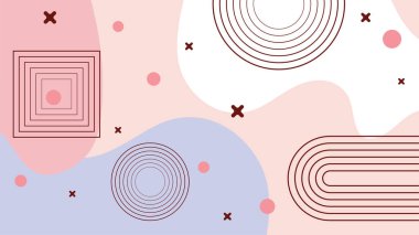 Soyut renkli Memphis düz geometrik şekiller arka plan. Çizgiler kare nokta üçgen daire ve dalgalı düz stil ile soyut kompozisyon. Poster, sunum, kart, kapak, afiş için tasarım.