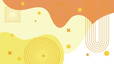 Soyut renkli turuncu Memphis düz geometrik şekiller arka plan. Çizgiler kare nokta üçgen daire ve dalgalı düz stil ile soyut kompozisyon. Poster, sunum, kart, kapak, afiş için tasarım.