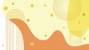 Soyut renkli turuncu Memphis düz geometrik şekiller arka plan. Çizgiler kare nokta üçgen daire ve dalgalı düz stil ile soyut kompozisyon. Poster, sunum, kart, kapak, afiş için tasarım.