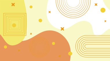 Soyut renkli turuncu Memphis düz geometrik şekiller arka plan. Çizgiler kare nokta üçgen daire ve dalgalı düz stil ile soyut kompozisyon. Poster, sunum, kart, kapak, afiş için tasarım.