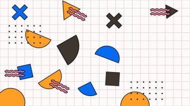 Soyut renkli Memphis düz geometrik şekiller arka plan. Çizgiler kare nokta üçgen daire ve dalgalı düz stil ile soyut kompozisyon. Poster, sunum, kart, kapak, afiş için tasarım.