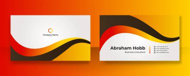 Modern yaratıcı ve temiz turuncu renkli siyah kart tasarım şablonu. Lüks, zarif bir kartvizit tasarımı, modaya uygun basit geometrik dalga çizgileriyle. Vektör illüstrasyonu