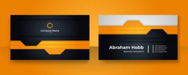 Modern yaratıcı ve temiz turuncu renkli siyah kart tasarım şablonu. Lüks, zarif bir kartvizit tasarımı, modaya uygun basit geometrik dalga çizgileriyle. Vektör illüstrasyonu