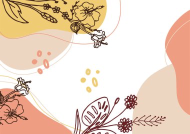 Hand drawn minimal floral abstract background with flower, leaves, geometric form, liquid, blob, and pattern. Stylish poster design for wall decoration