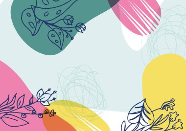 Hand drawn minimal floral abstract background with flower, leaves, geometric form, liquid, blob, and pattern. Stylish poster design for wall decoration
