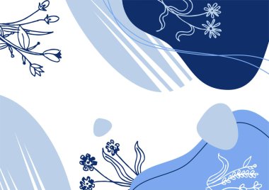 Hand drawn minimal floral abstract background with flower, leaves, geometric form, liquid, blob, and pattern. Stylish poster design for wall decoration