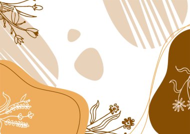 Hand drawn minimal floral abstract background with flower, leaves, geometric form, liquid, blob, and pattern. Stylish poster design for wall decoration