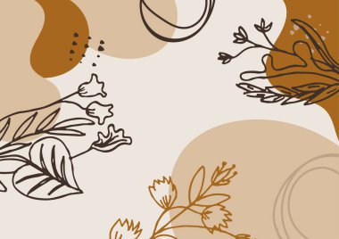 Hand drawn minimal floral abstract background with flower, leaves, geometric form, liquid, blob, and pattern. Stylish poster design for wall decoration