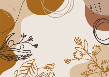 Hand drawn minimal floral abstract background with flower, leaves, geometric form, liquid, blob, and pattern. Stylish poster design for wall decoration
