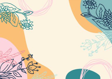 Hand drawn minimal floral abstract background with flower, leaves, geometric form, liquid, blob, and pattern. Stylish poster design for wall decoration