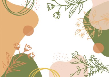 Hand drawn minimal floral abstract background with flower, leaves, geometric form, liquid, blob, and pattern. Stylish poster design for wall decoration