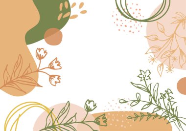 Hand drawn minimal floral abstract background with flower, leaves, geometric form, liquid, blob, and pattern. Stylish poster design for wall decoration
