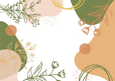 Hand drawn minimal floral abstract background with flower, leaves, geometric form, liquid, blob, and pattern. Stylish poster design for wall decoration