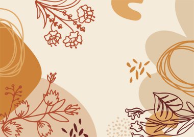 Hand drawn minimal floral abstract background with flower, leaves, geometric form, liquid, blob, and pattern. Stylish poster design for wall decoration