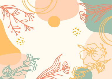 Hand drawn minimal floral abstract background with flower, leaves, geometric form, liquid, blob, and pattern. Stylish poster design for wall decoration