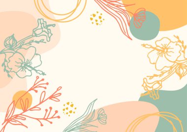 Hand drawn minimal floral abstract background with flower, leaves, geometric form, liquid, blob, and pattern. Stylish poster design for wall decoration