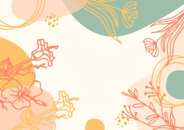 Hand drawn minimal floral abstract background with flower, leaves, geometric form, liquid, blob, and pattern. Stylish poster design for wall decoration