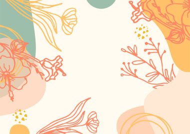 Hand drawn minimal floral abstract background with flower, leaves, geometric form, liquid, blob, and pattern. Stylish poster design for wall decoration