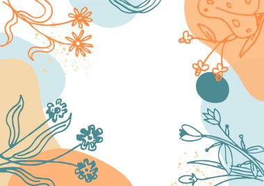 Hand drawn minimal floral abstract background with flower, leaves, geometric form, liquid, blob, and pattern. Stylish poster design for wall decoration