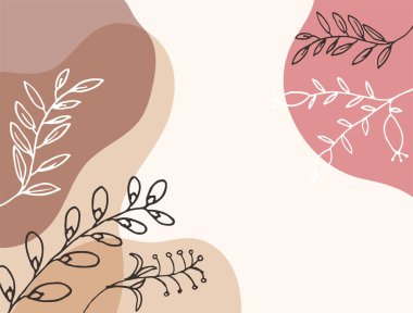 Hand drawn minimal floral abstract background with flower, leaves, geometric form, liquid, blob, and pattern. Stylish poster design for wall decoration