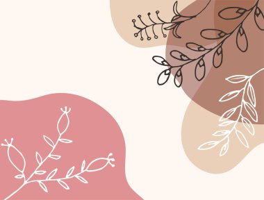 Hand drawn minimal floral abstract background with flower, leaves, geometric form, liquid, blob, and pattern. Stylish poster design for wall decoration