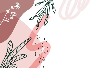 Hand drawn minimal floral abstract background with flower, leaves, geometric form, liquid, blob, and pattern. Stylish poster design for wall decoration