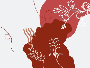 Hand drawn minimal floral abstract background with flower, leaves, geometric form, liquid, blob, and pattern. Stylish poster design for wall decoration