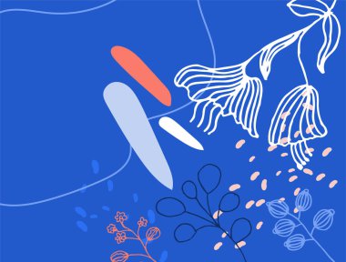 Hand drawn minimal floral abstract background with flower, leaves, geometric form, liquid, blob, and pattern. Stylish poster design for wall decoration