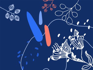 Hand drawn minimal floral abstract background with flower, leaves, geometric form, liquid, blob, and pattern. Stylish poster design for wall decoration