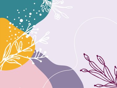 Hand drawn minimal floral abstract background with flower, leaves, geometric form, liquid, blob, and pattern. Stylish poster design for wall decoration