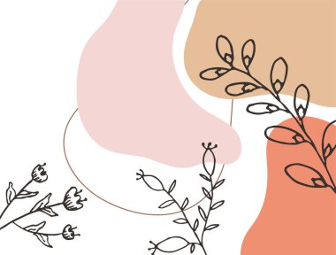 Hand drawn minimal floral abstract background with flower, leaves, geometric form, liquid, blob, and pattern. Stylish poster design for wall decoration