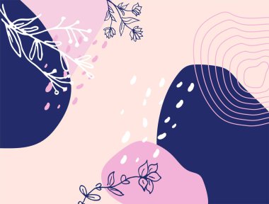Hand drawn minimal floral abstract background with flower, leaves, geometric form, liquid, blob, and pattern. Stylish poster design for wall decoration