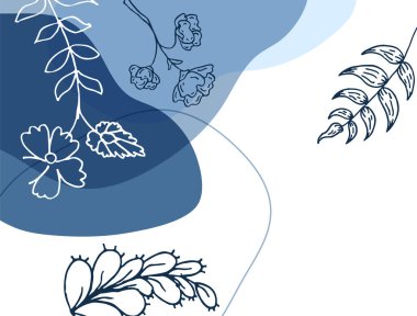 Hand drawn minimal floral abstract background with flower, leaves, geometric form, liquid, blob, and pattern. Stylish poster design for wall decoration