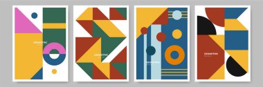 Modern abstract geometric poster cover. Minimal retro boho bauhaus composition shapes design. Colorful geometric background. Vector illustration.