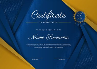 Takdir belgesi, altın ve mavi renk. Altın rozetli temiz modern sertifika. Lüks ve modern sınır şablonu sertifikası. Diploma vektör şablonu