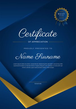 Takdir belgesi, altın ve mavi renk. Altın rozetli temiz modern sertifika. Lüks ve modern sınır şablonu sertifikası. Diploma vektör şablonu